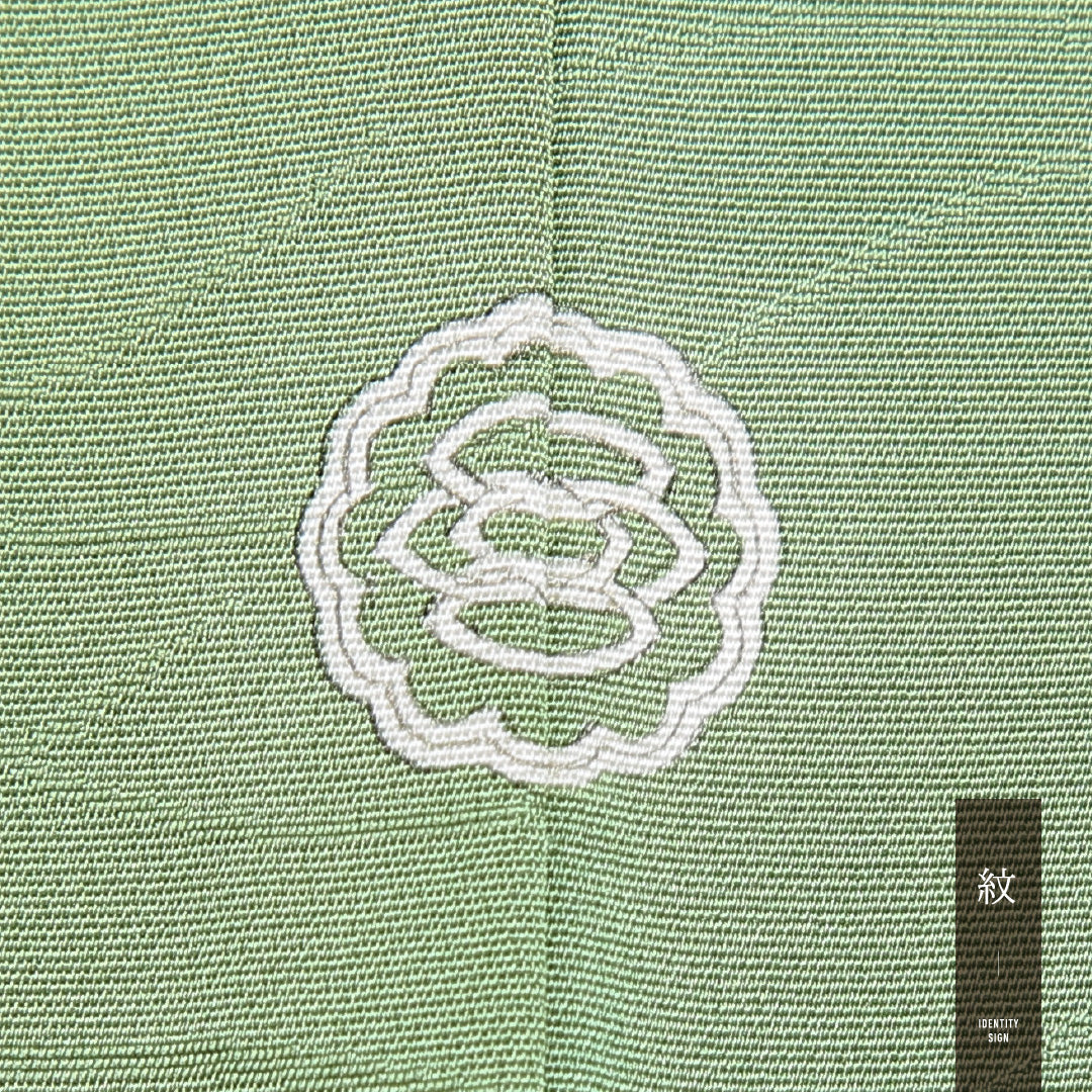 小紋 袷 身丈150cm 裄丈60cm 正絹 モンモリローナイト Sランク Sサイズ 広衿 インフォーマル ちりめん 扇 菊 緑系 1215-15906