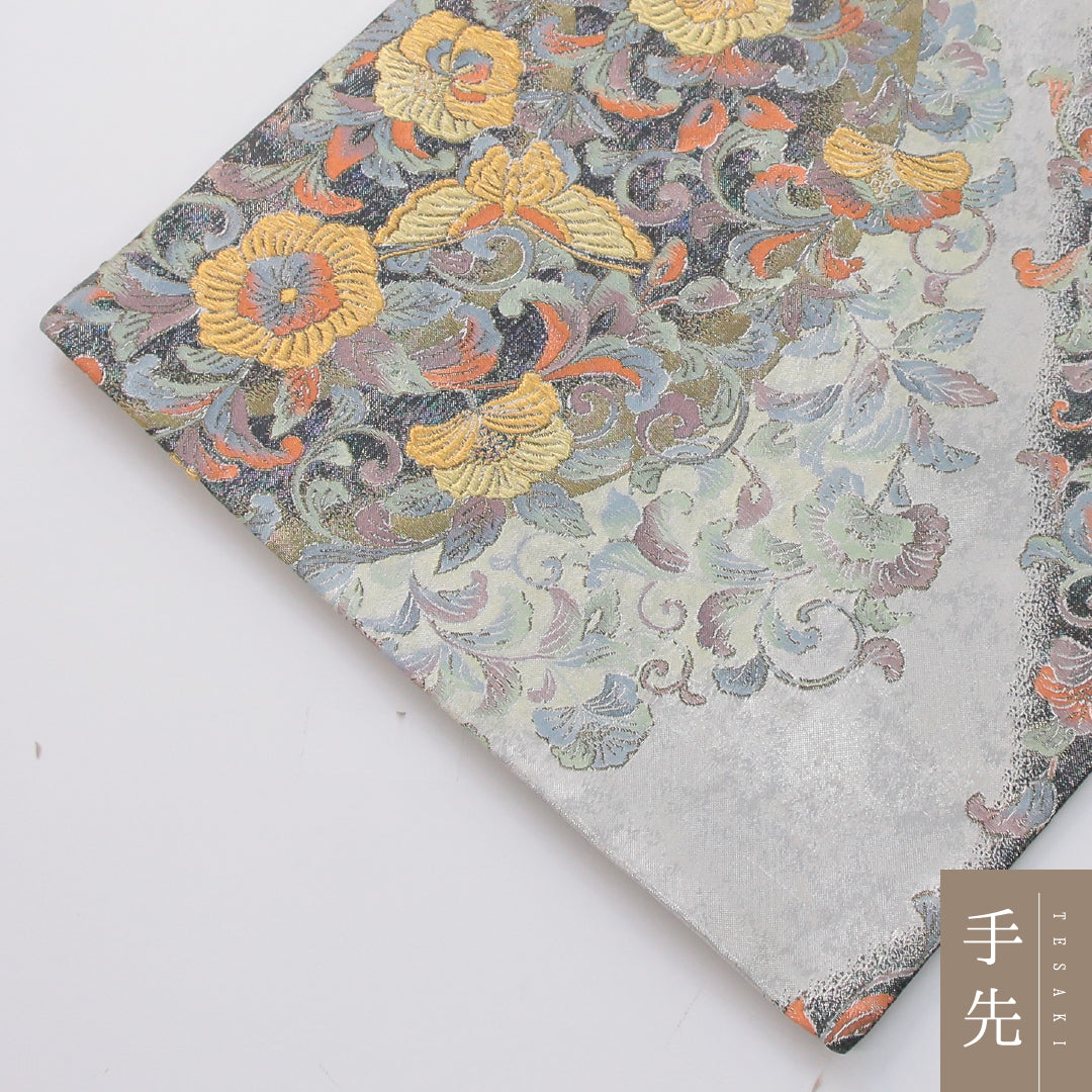 袋帯 帯丈442cm フォーマル 六通 Sランク 正絹 蝶 唐華 銀系 1223-02330