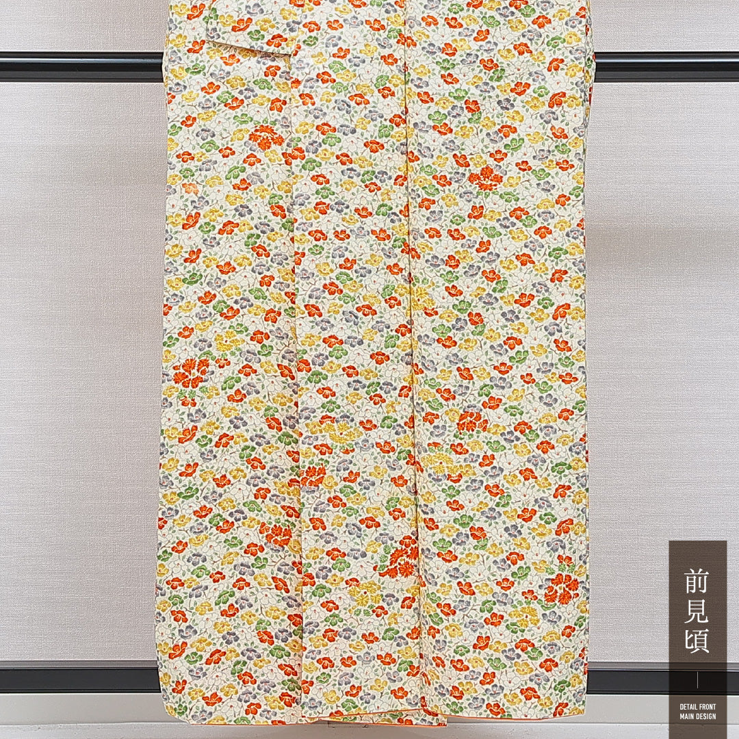洗える着物 小紋 袷 身丈156cm 裄丈63cm ポリエステル Aランク インフォーマル 広衿 Mサイズ 花柄 クリーム系 HP 1221-16111