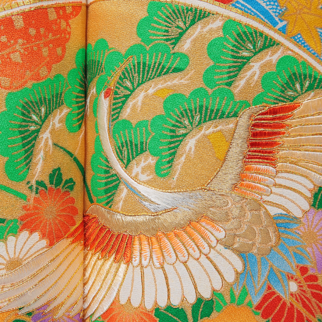 振袖 袷 身丈164cm 裄丈61cm フォーマル Cランク Lサイズ 正絹 広衿 鶴 菊 松 刺繍 金駒刺繍 1213-F0689