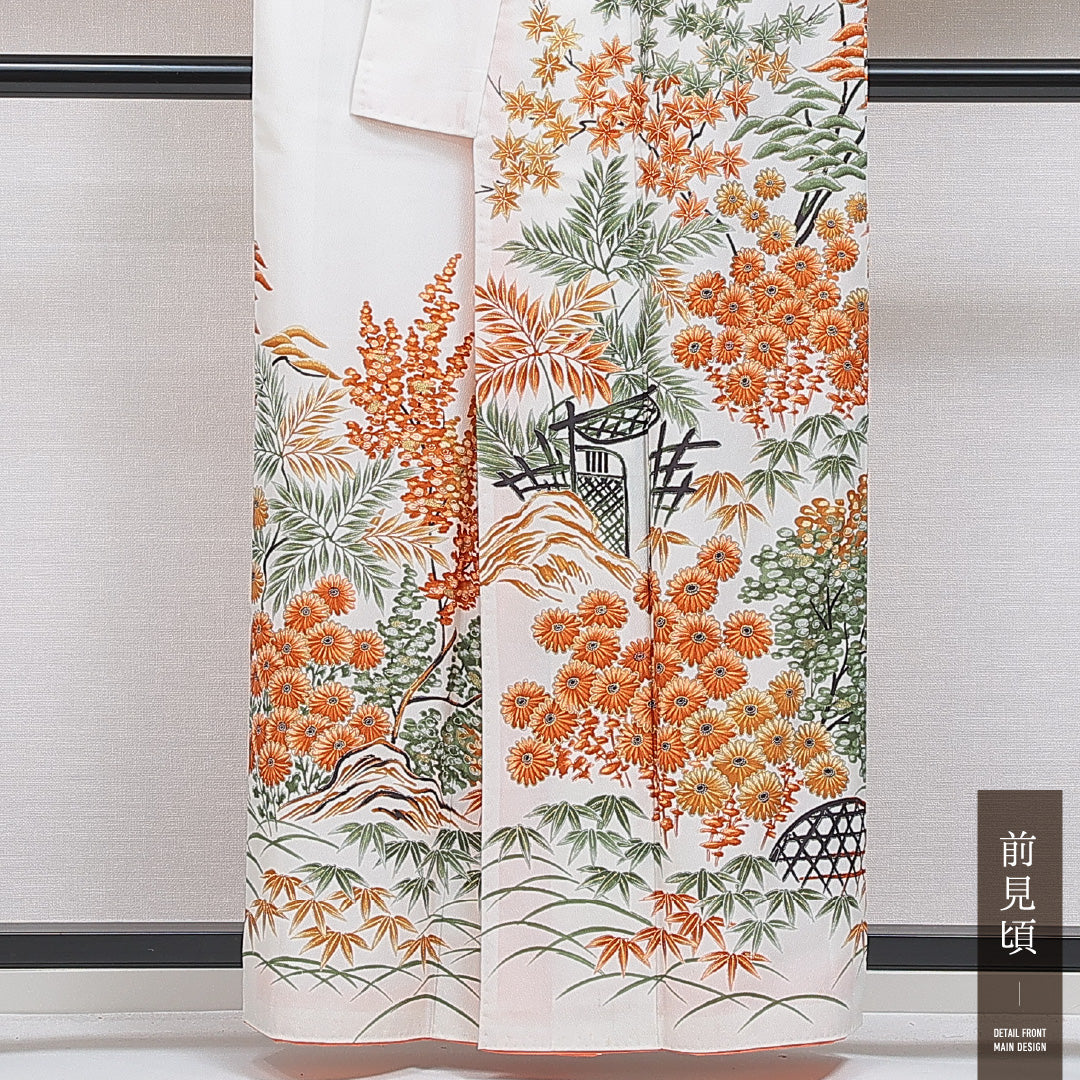 訪問着 洗える着物 袷 身丈158cm 裄丈63cm ポリエステル Cランク Mサイズ 広衿 セミフォーマル 風景柄 白系 1212-16256