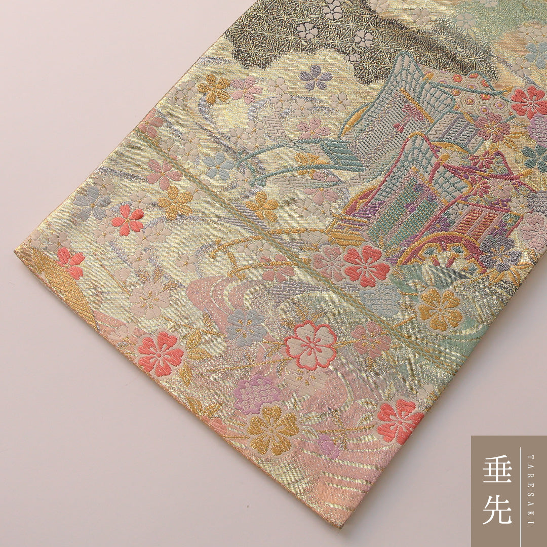 袋帯 帯丈440cm フォーマル 六通 Sランク 正絹 花車 桜 金系 多色系 1223-01891