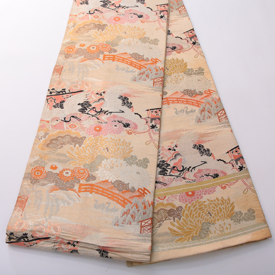 アンティーク 丸帯 帯丈380cm 全通 Cランク 正絹 鶴 菊 クリーム系 1223-02026