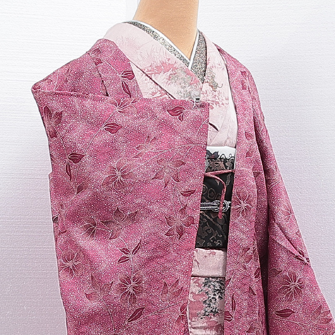 羽織 袷 身丈81cm 裄丈64cm 正絹 Cランク カジュアル Mサイズ 紐あり 花柄 ピンク系 HP 1232-16171