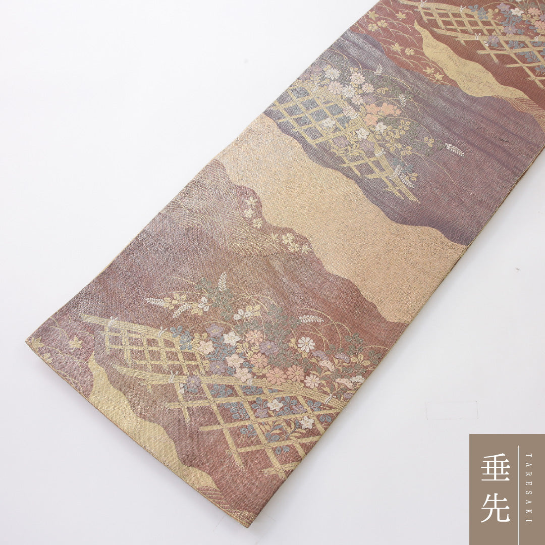 袋帯 帯丈434cm 正絹 六通 帯芯なし フォーマル 綴れ織 琳派 光悦垣 四季山野 多色系 1243-02227