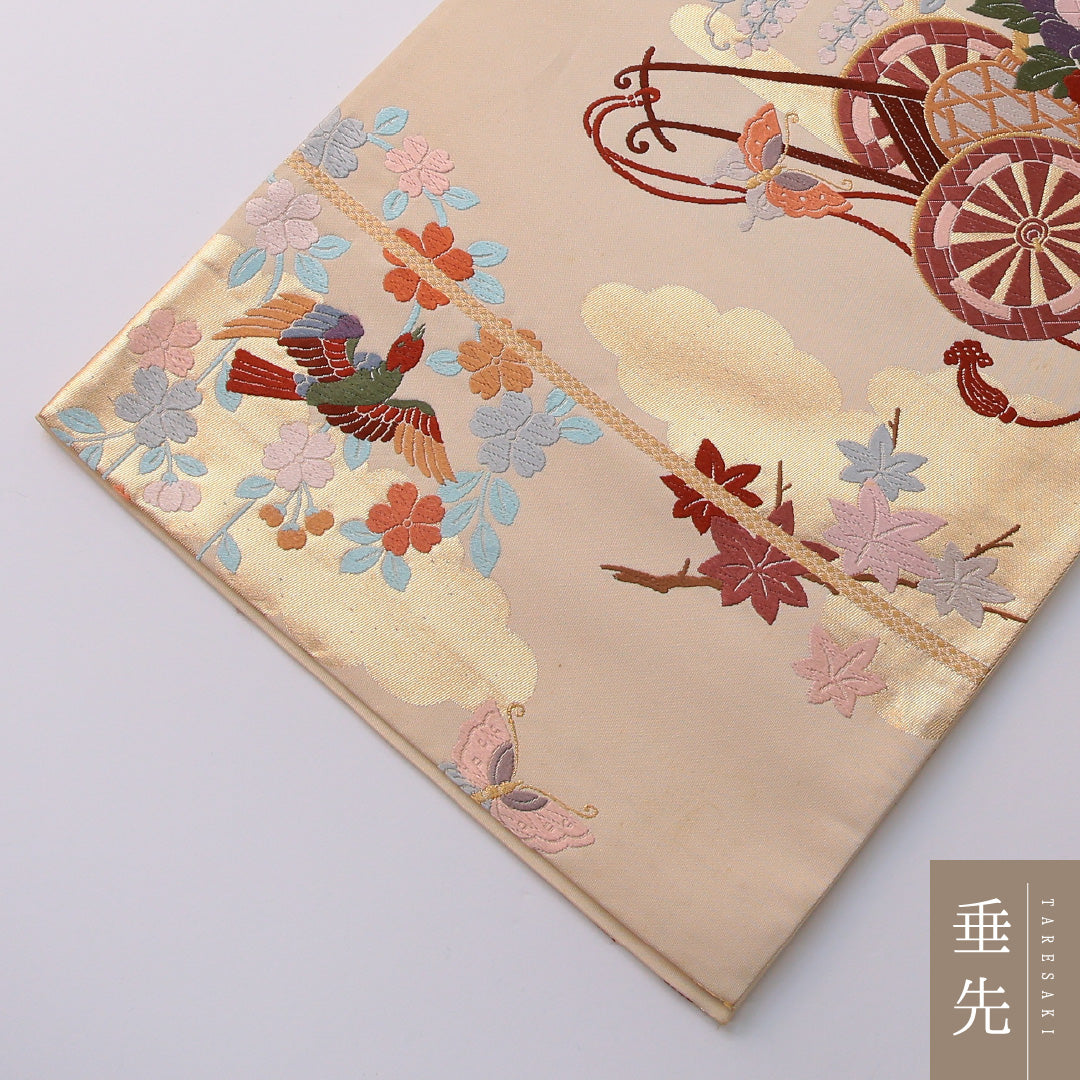 袋帯 帯丈432cm 正絹 六通 フォーマル 御所車 クリーム系 金系 1243-01938