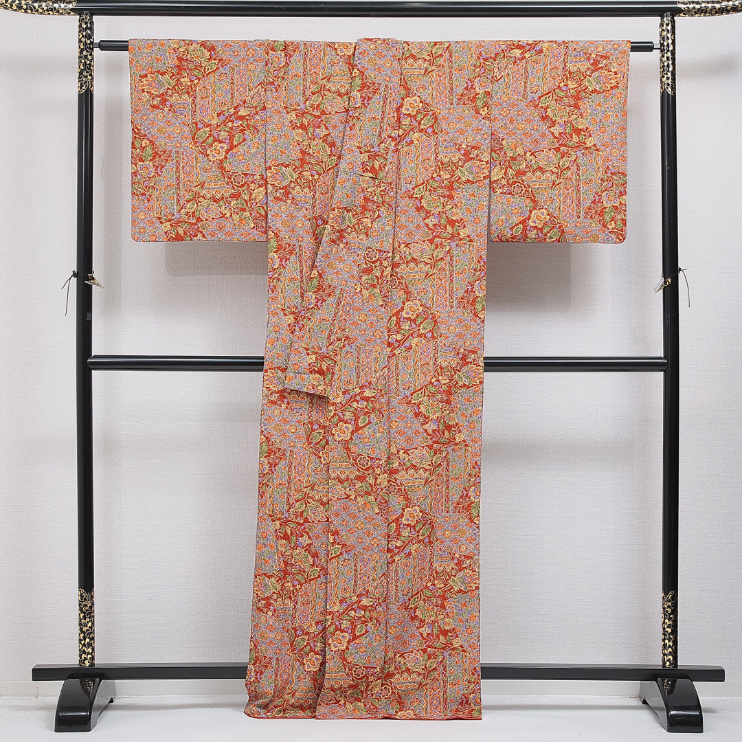 洗える着物 小紋 袷 身丈165cm 裄丈63cm ポリエステル Sランク インフォーマル 広衿 XLサイズ 花柄 赤系 RP 1221-16240