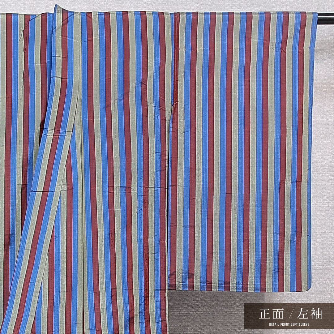 大島紬 単衣 身丈154cm 裄丈61cm 正絹 Sランク インフォーマル バチ衿 Sサイズ 居敷当て 肩当て 縞 多色系 RP 1223-15366