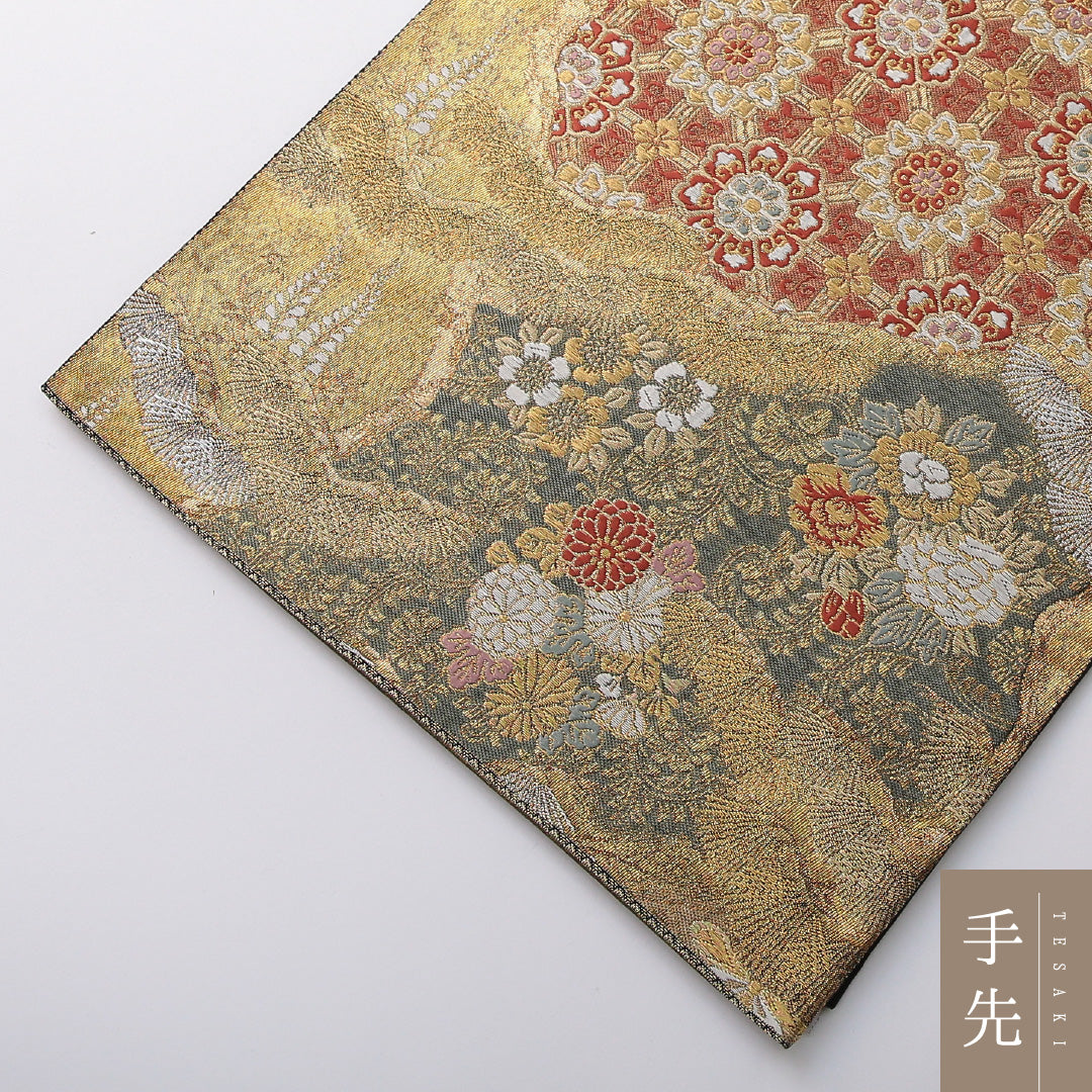 袋帯 帯丈440cm フォーマル 全通 Sランク 正絹 菊 紅葉 金系 1223-02069
