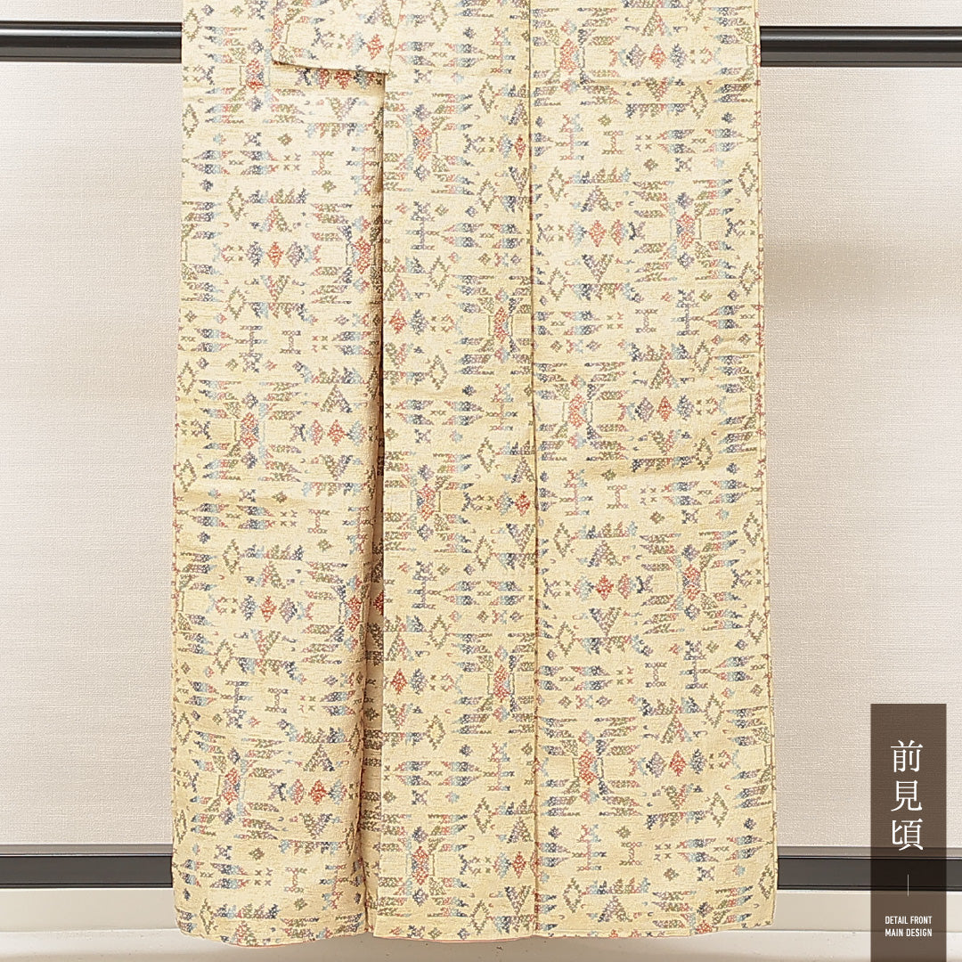紬 袷 身丈157cm 裄丈63cm 正絹 Sランク カジュアル 広衿 Mサイズ 幾何学柄 ベージュ系 RP 1223-16912