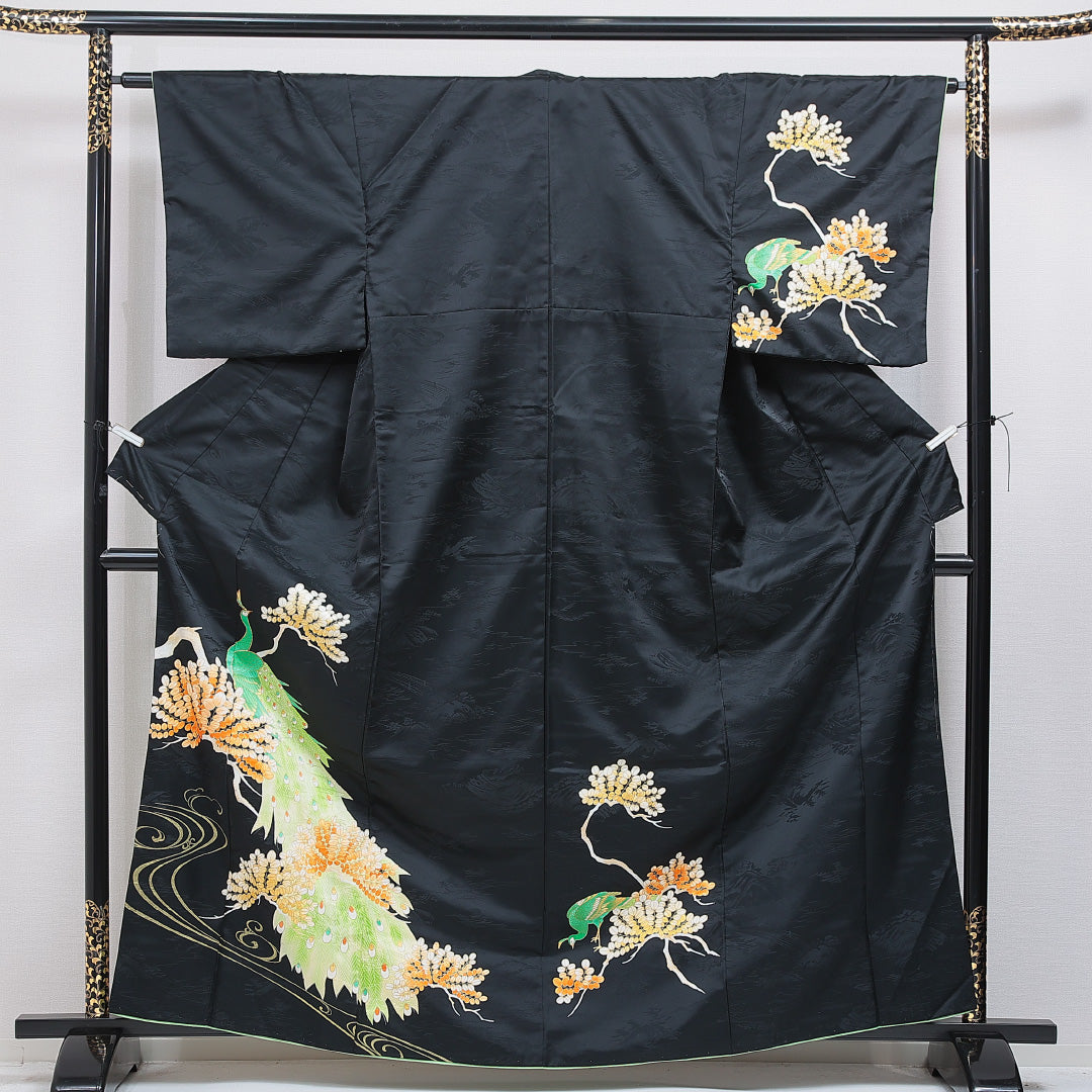 訪問着 洗える着物 袷 身丈164cm 裄丈63cm ポリエステル Sランク Lサイズ バチ衿 セミフォーマル 孔雀 金駒刺繍 黒系 1212-16287