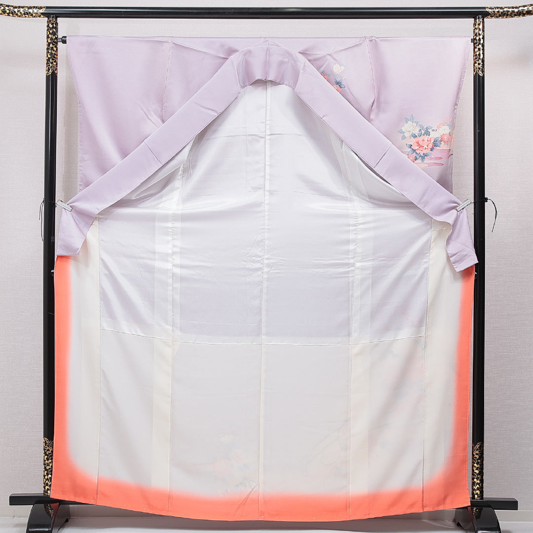 訪問着 袷 身丈167cm 裄丈61cm 正絹 Cランク セミフォーマル 広衿 XLサイズ 証紙 牡丹 紫系 LP 1217-15522