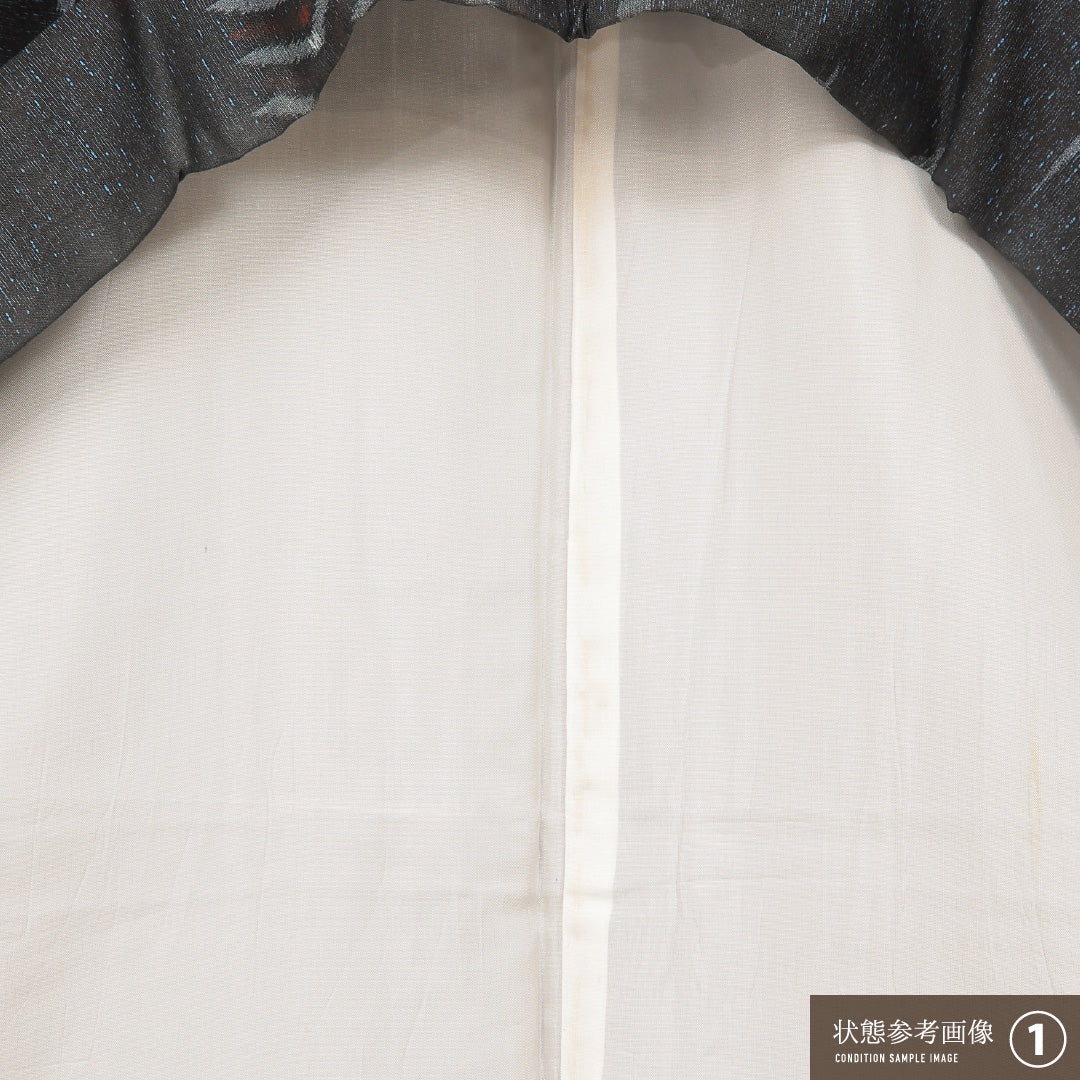 洗える着物 紬 袷 身丈153cm 裄丈63cm ポリエステル Aランク カジュアル バチ衿 Sサイズ 創作柄 黒系 RP 1223-16914
