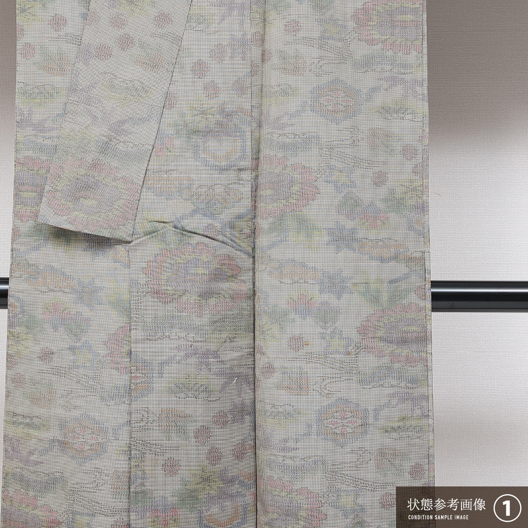 村山大島紬 袷 身丈146cm 裄丈60cm 正絹 Bランク インフォーマル 広衿 XSサイズ 吉祥文様 グレー系 RP 1223-15018