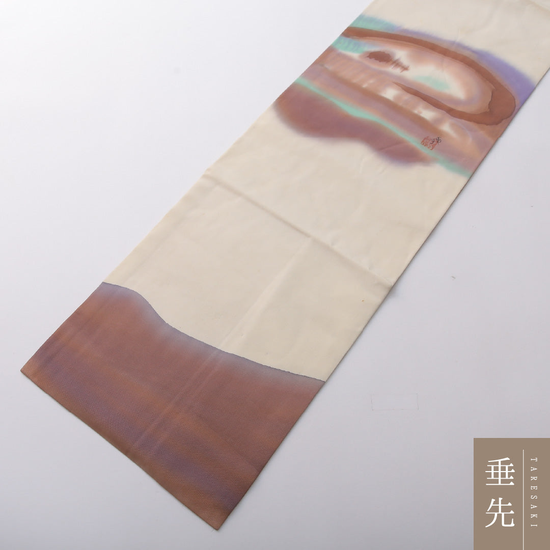 九寸名古屋帯 Cランク 帯丈359cm 正絹 ポイント柄 名古屋仕立て 染め インフォーマル 落款 塩瀬 創作柄 クリーム系 M4 1245-03647