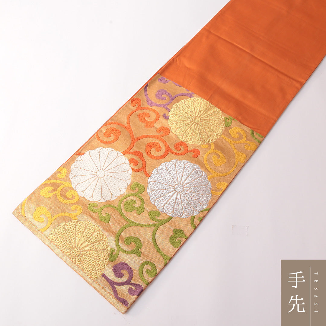袋帯 帯丈420cm 正絹 六通 フォーマル 菊唐草文 金系 朱系 1243-01744