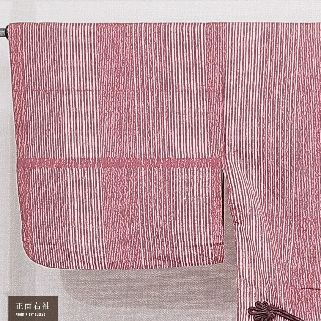 道中着 洗える着物 袷 身丈80cm 裄丈66cm ポリエステル Aランク Mサイズ バチ衿 カジュアル 縞 ピンク系 1264-15132