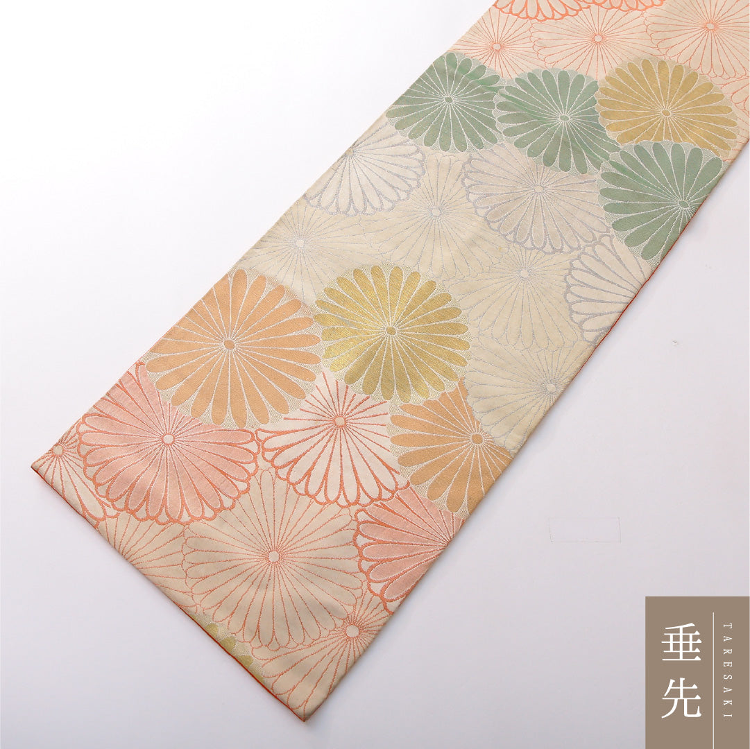 アンティーク 九寸名古屋帯 帯丈244cm 松葉仕立て 全通 Cランク 正絹 菊 クリーム系 1224-03815