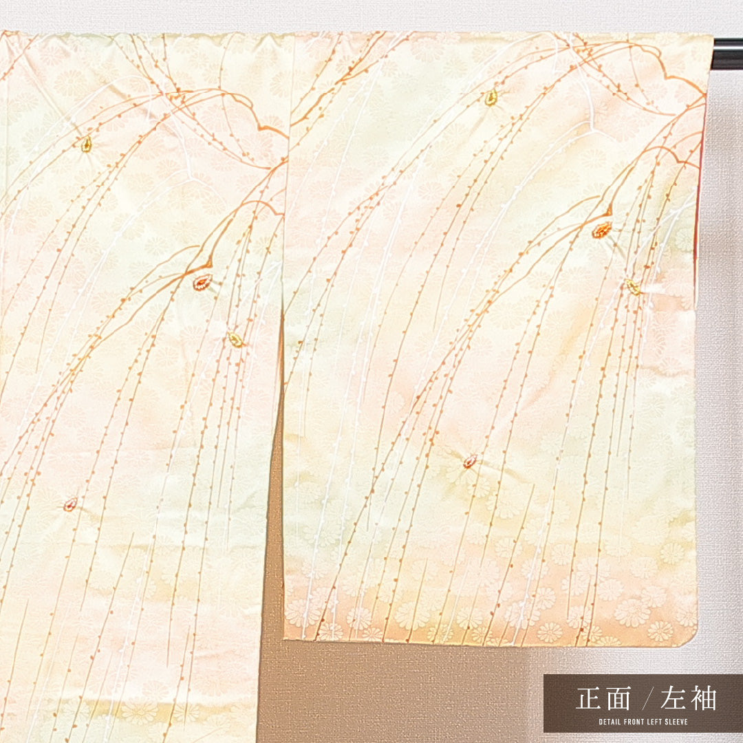 洗える着物 小紋 袷 身丈159cm 裄丈66cm ポリエステル Sランク 紋意匠 (菊) インフォーマル バチ衿 Mサイズ 部分絞り 創作柄 黄系 RP 1221-15953