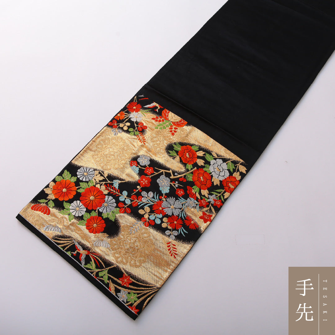 袋帯 帯丈414cm フォーマル 六通 Sランク 正絹 牡丹 桐 黒系 1223-01977