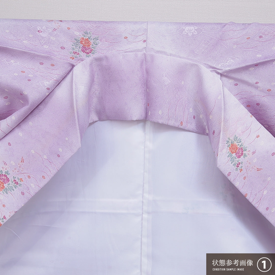 洗える着物 小紋 袷 身丈158cm 裄丈64cm ポリエステル Aランク インフォーマル 広衿 Mサイズ 古典柄 紫系 HP 1221-16057