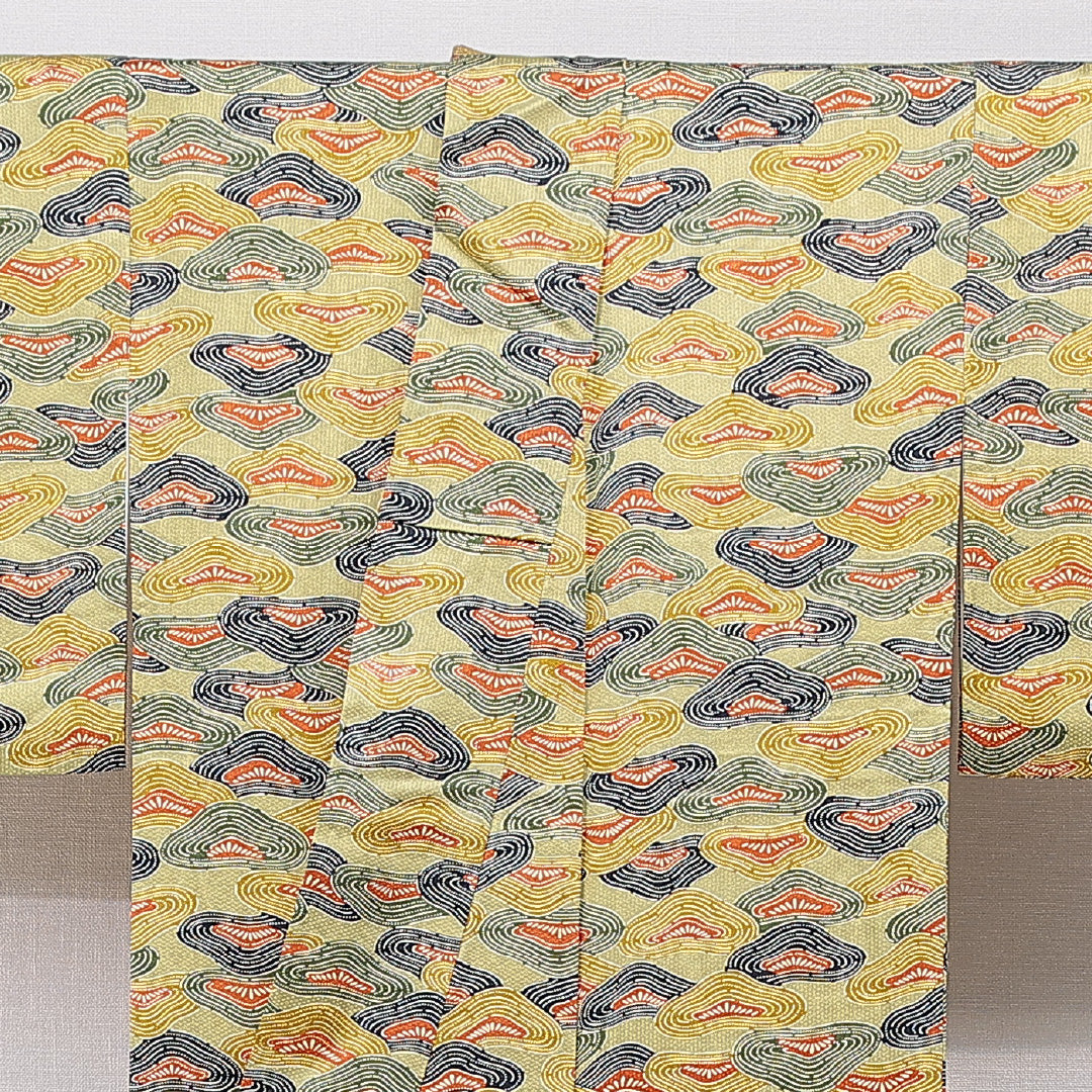 小紋 袷 身丈161cm 裄丈64cm 正絹 Sランク インフォーマル 広衿 Lサイズ 笠松 緑系 RP 1221-15589