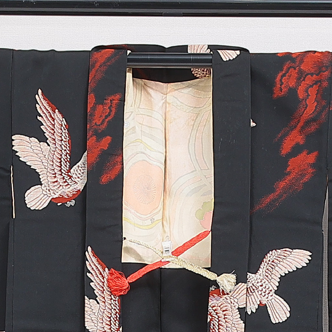 アンティーク 羽織 袷 身丈82cm 裄丈62cm 正絹 Cランク Sサイズ 紐あり 鳩 黒系 RP 1232-16447