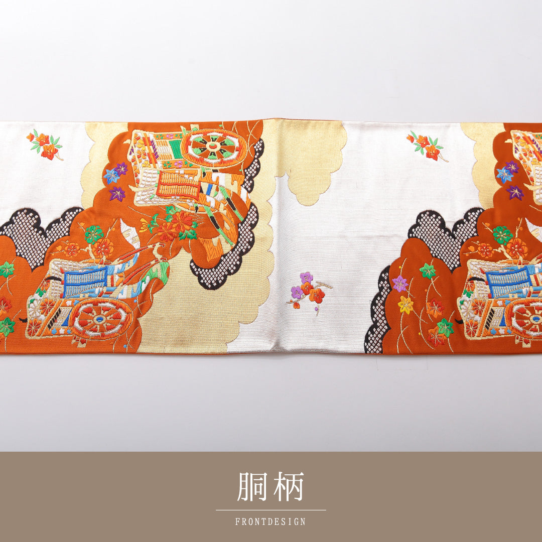 袋帯 帯丈436cm フォーマル 六通 Sランク 正絹 唐織 御所車 朱系 1223-02079