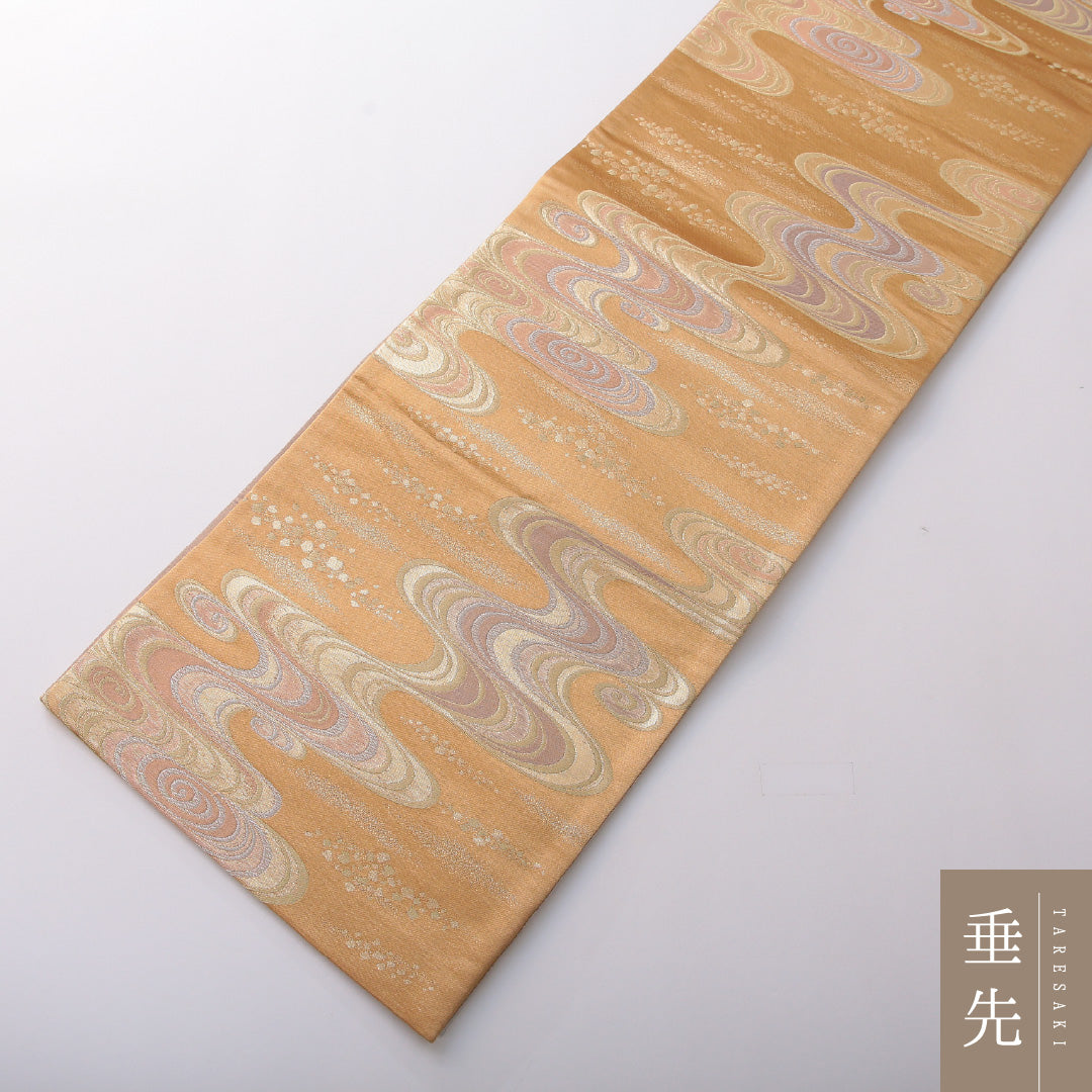 袋帯 帯丈412cm 正絹 六通 セミフォーマル 観世水 ベージュ系 1243-02044