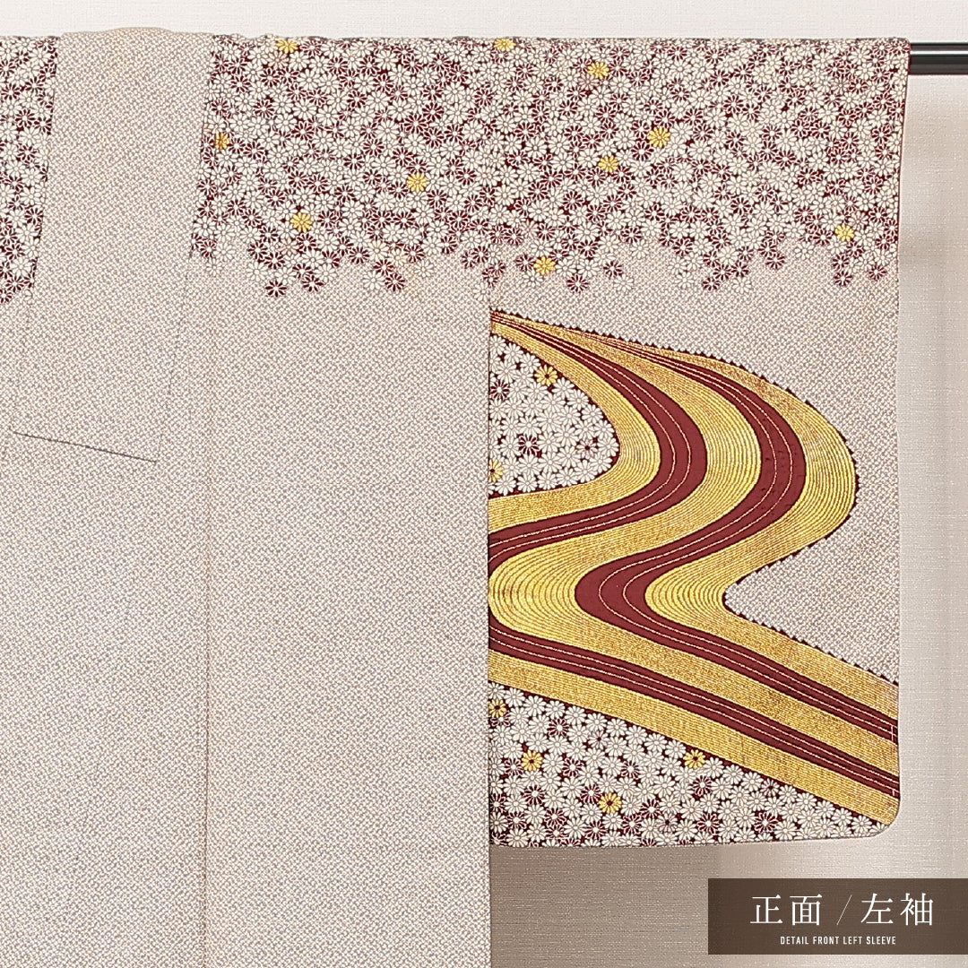 付下げ（紬） 袷 身丈159cm 裄丈63cm 正絹 Cランク Mサイズ 広衿 インフォーマル 流水 菊 茶系 1261-16925