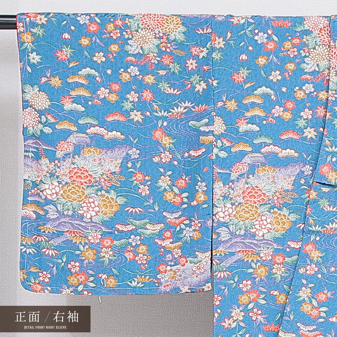 小紋 洗える着物 袷 身丈161cm 裄丈64cm ポリエステル Sランク Lサイズ 広衿 インフォーマル 古典柄 青系 1215-16208