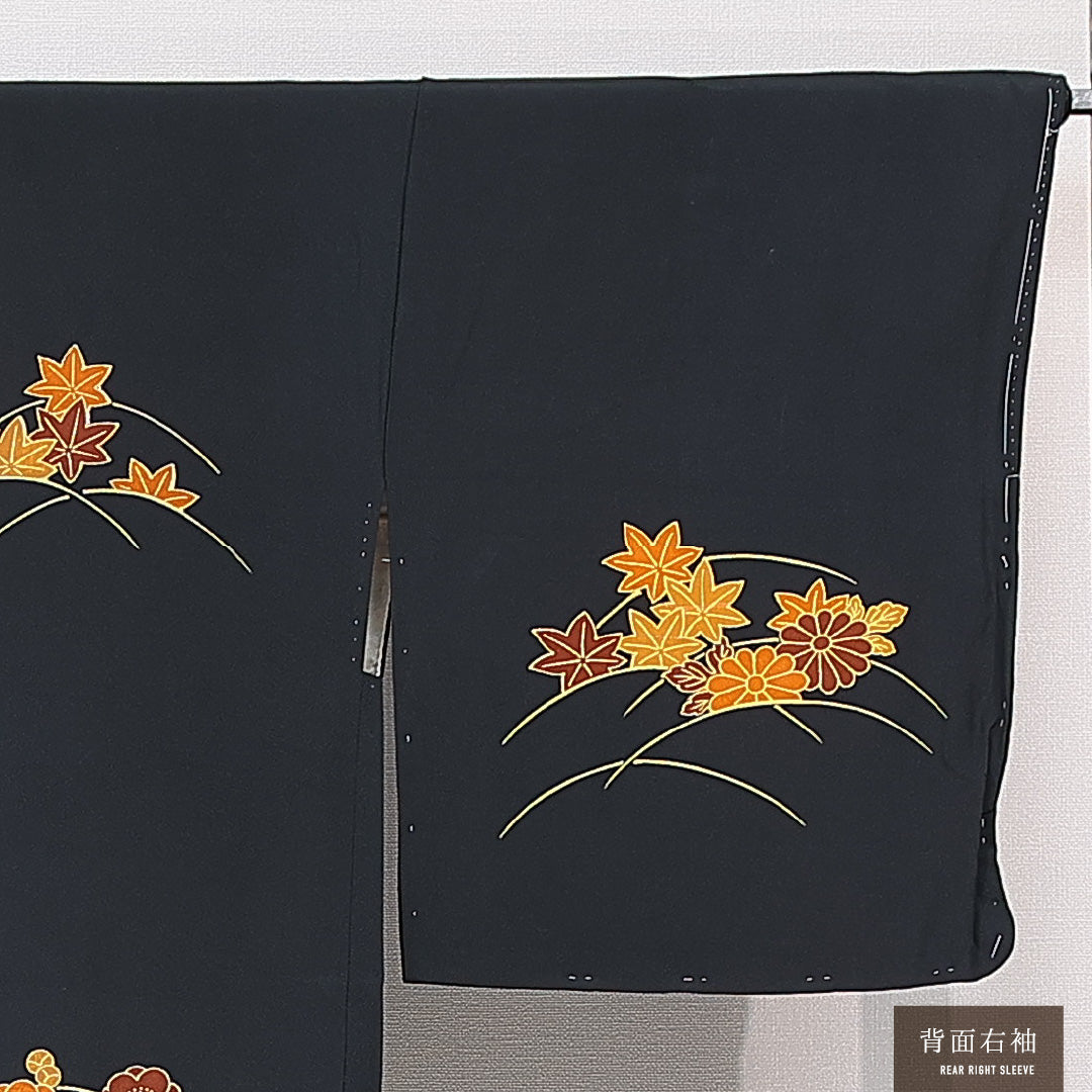 黒羽織 袷 身丈79cm 裄丈65cm 正絹 Aランク インフォーマル Mサイズ 菊 紅葉 黒系 RP 1233-15314