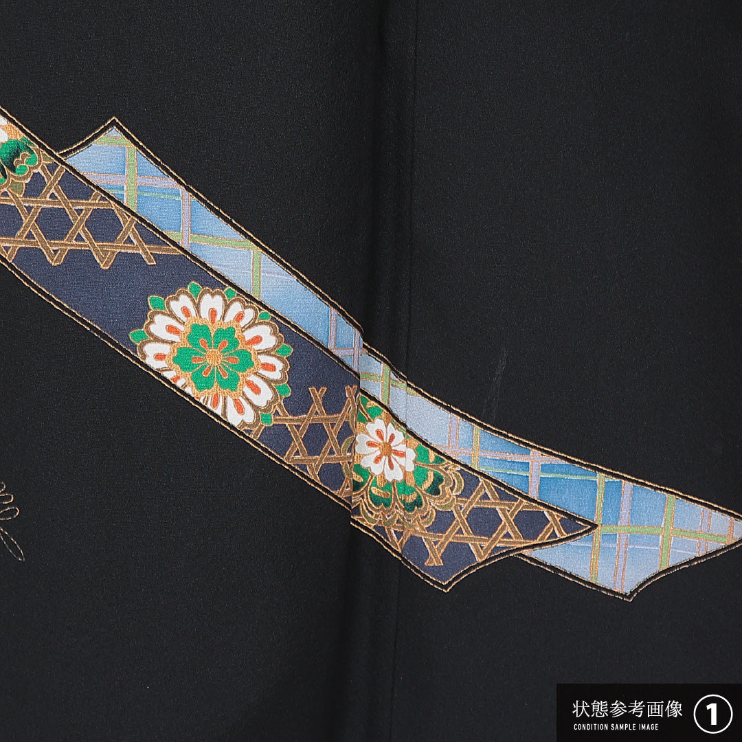黒留袖 袷 身丈159cm 裄丈64cm 三つ紋 丸に橘 フォーマル Aランク Mサイズ 正絹 比翼仕立て 広衿 牡丹 松 落款 1211-F0679