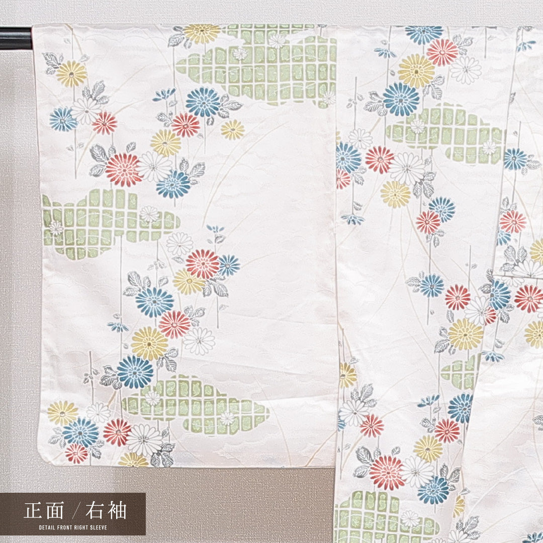 洗える着物 小紋 袷 身丈160cm 裄丈63cm ポリエステル Cランク インフォーマル 広衿 Lサイズ 菊 クリーム系 LP 1221-16239