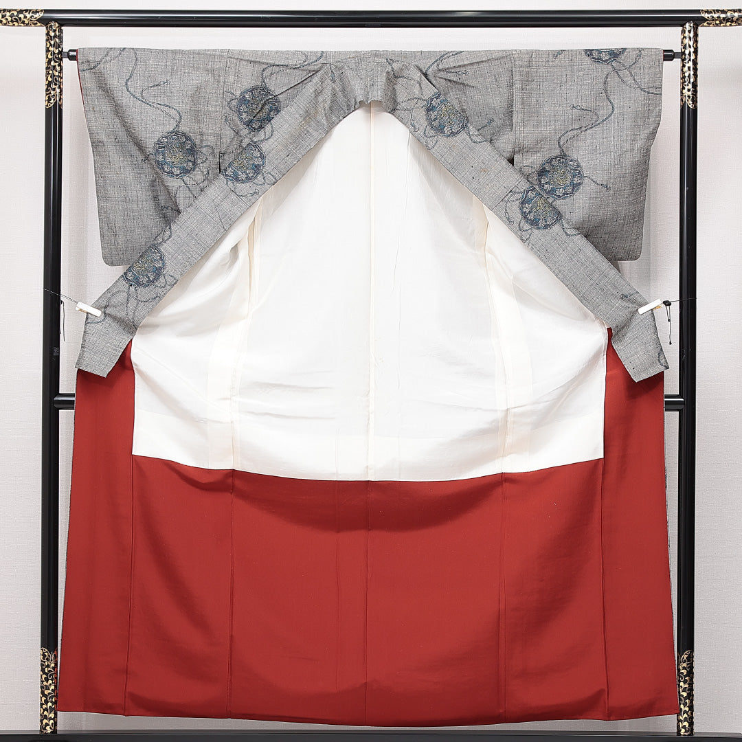 紬 袷 身丈161cm 裄丈63cm 正絹 Cランク カジュアル 広衿 Lサイズ 経緯絣 毬 グレー系 LP 1223-15032