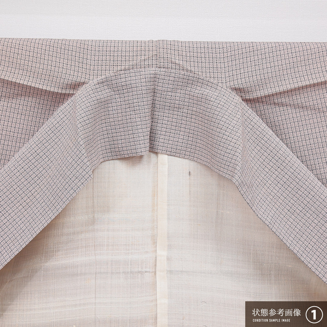 紬 袷 身丈151cm 裄丈62cm 正絹 Dランク Sサイズ 広衿 カジュアル 格子 グレー系 1216-15527