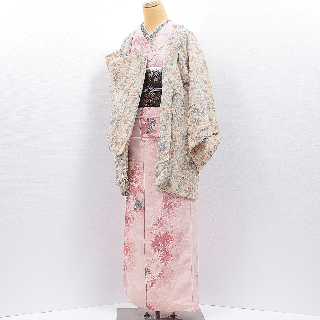 アンティーク 羽織 袷 身丈82cm 裄丈65cm 正絹 Cランク Mサイズ ちりめん 抽象柄 クリーム系 1217-16812