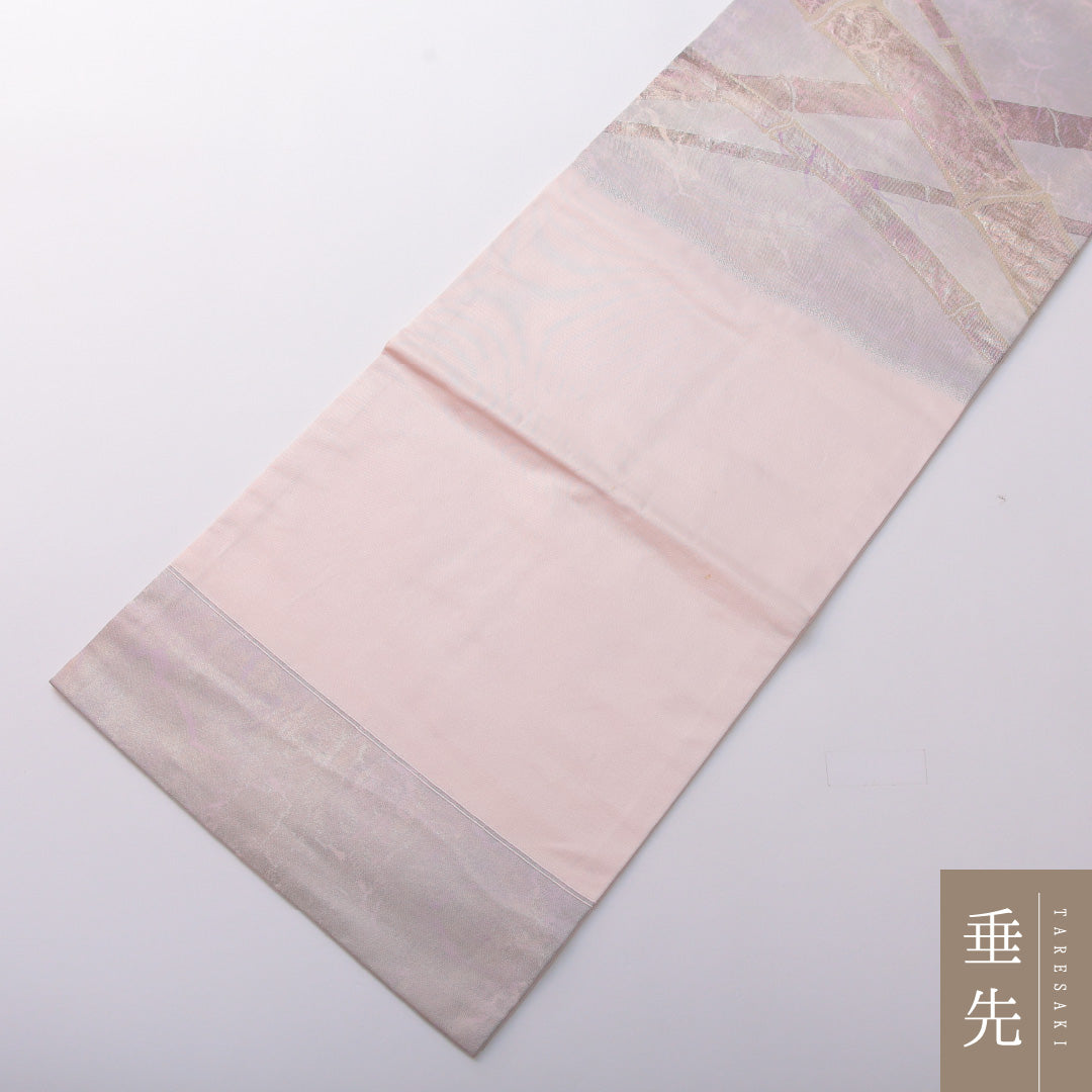 九寸名古屋帯 Cランク 帯丈352cm 正絹 ポイント柄 名古屋仕立て 織り インフォーマル 竹 淡いピンク系 HP 1245-03436