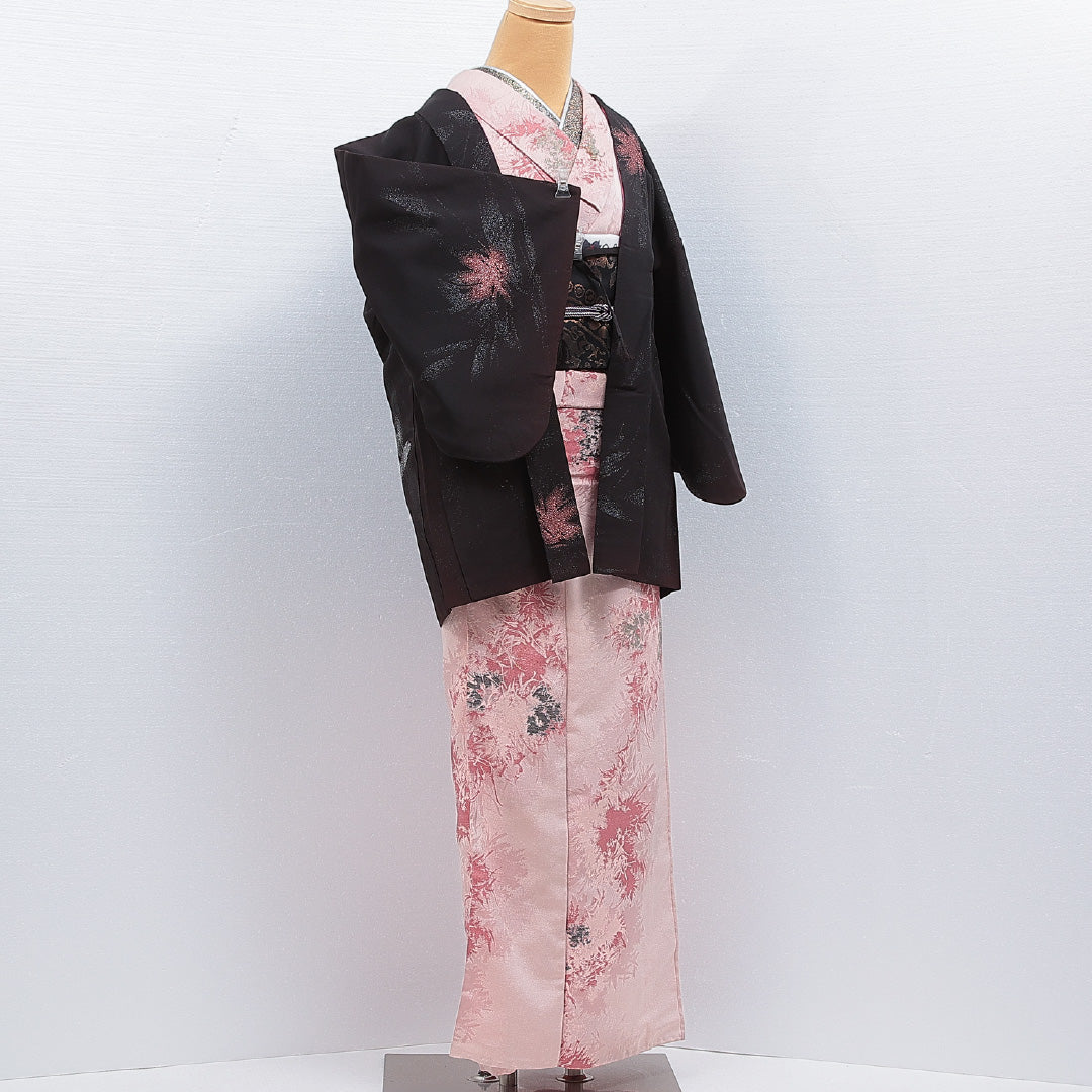 羽織 袷 身丈74cm 裄丈63cm 正絹 Cランク カジュアル Sサイズ 漆糸 紐あり 植物柄 黒系 LP 1232-16148
