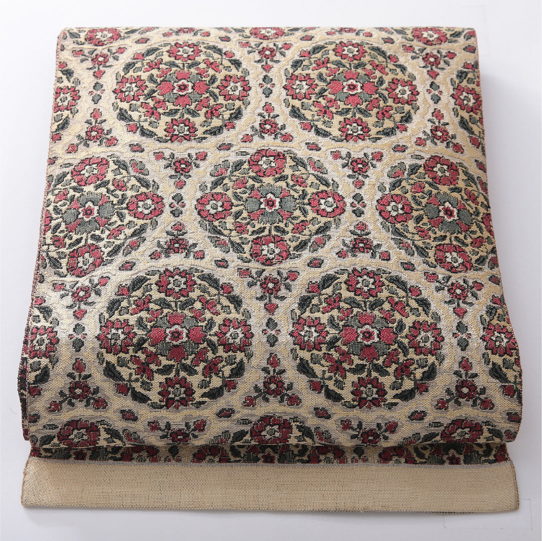 八寸名古屋帯 帯丈392cm カジュアル 開き仕立て 全通 Aランク 正絹 花文 多色系 クリーム系 1224-03916