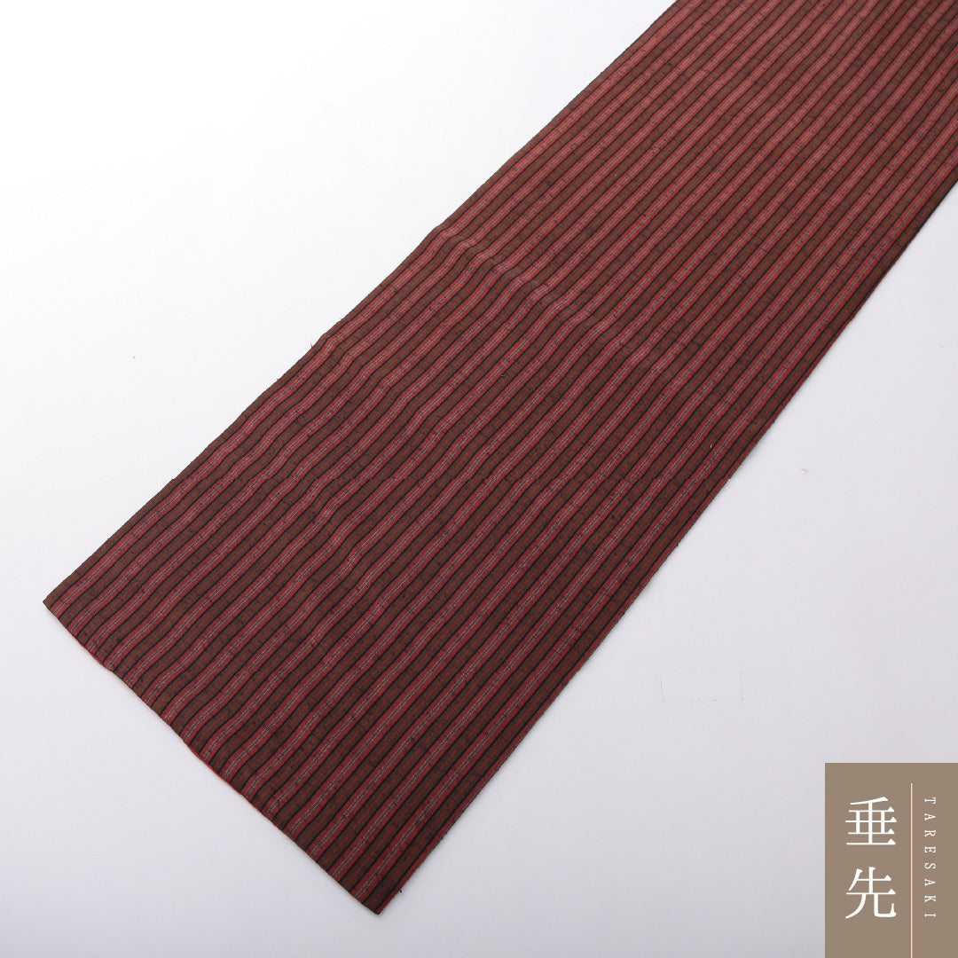 九寸名古屋帯 Sランク 帯丈347cm 木綿 洗える帯 全通 名古屋仕立て 織り カジュアル 遠州綿紬 縞 茶の混ざった赤系 RP 1245-03593