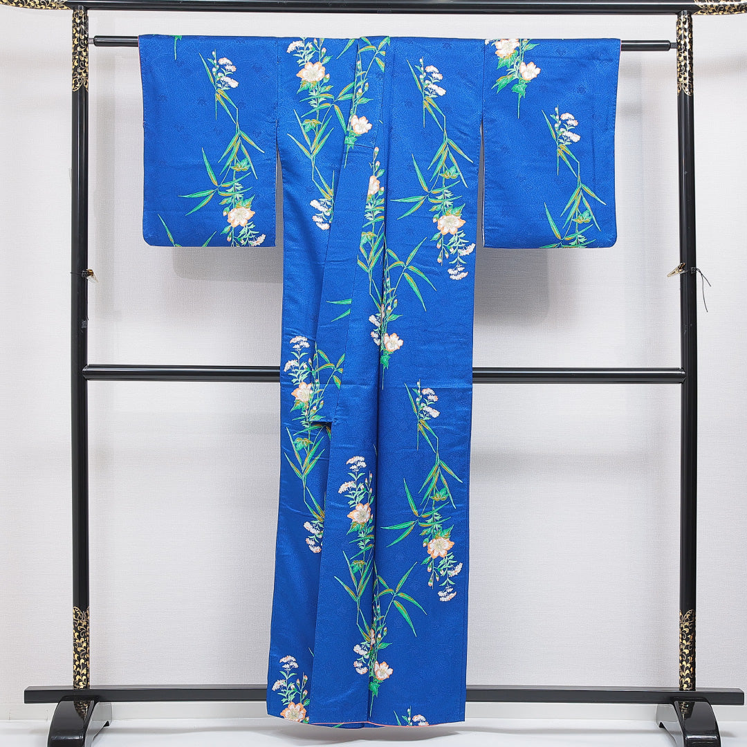 洗える着物 小紋 袷 身丈158cm 裄丈64cm ポリエステル Sランク インフォーマル バチ衿 Mサイズ 牡丹 青系 RP 1221-16434