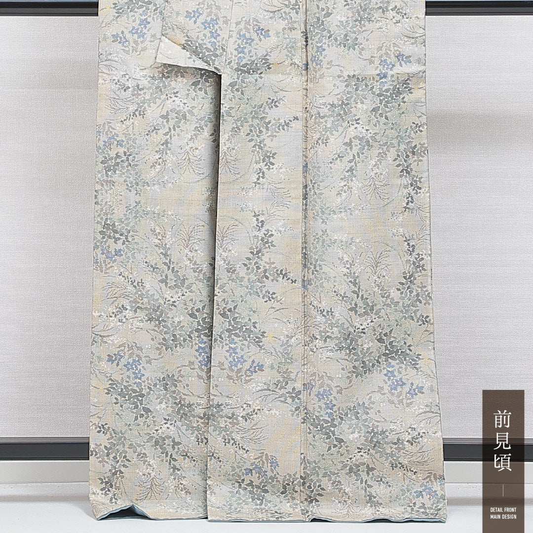 紬 袷 身丈166cm 裄丈62cm 正絹 Sランク カジュアル 広衿 XLサイズ 花柄 クリーム系 M4 1223-16074