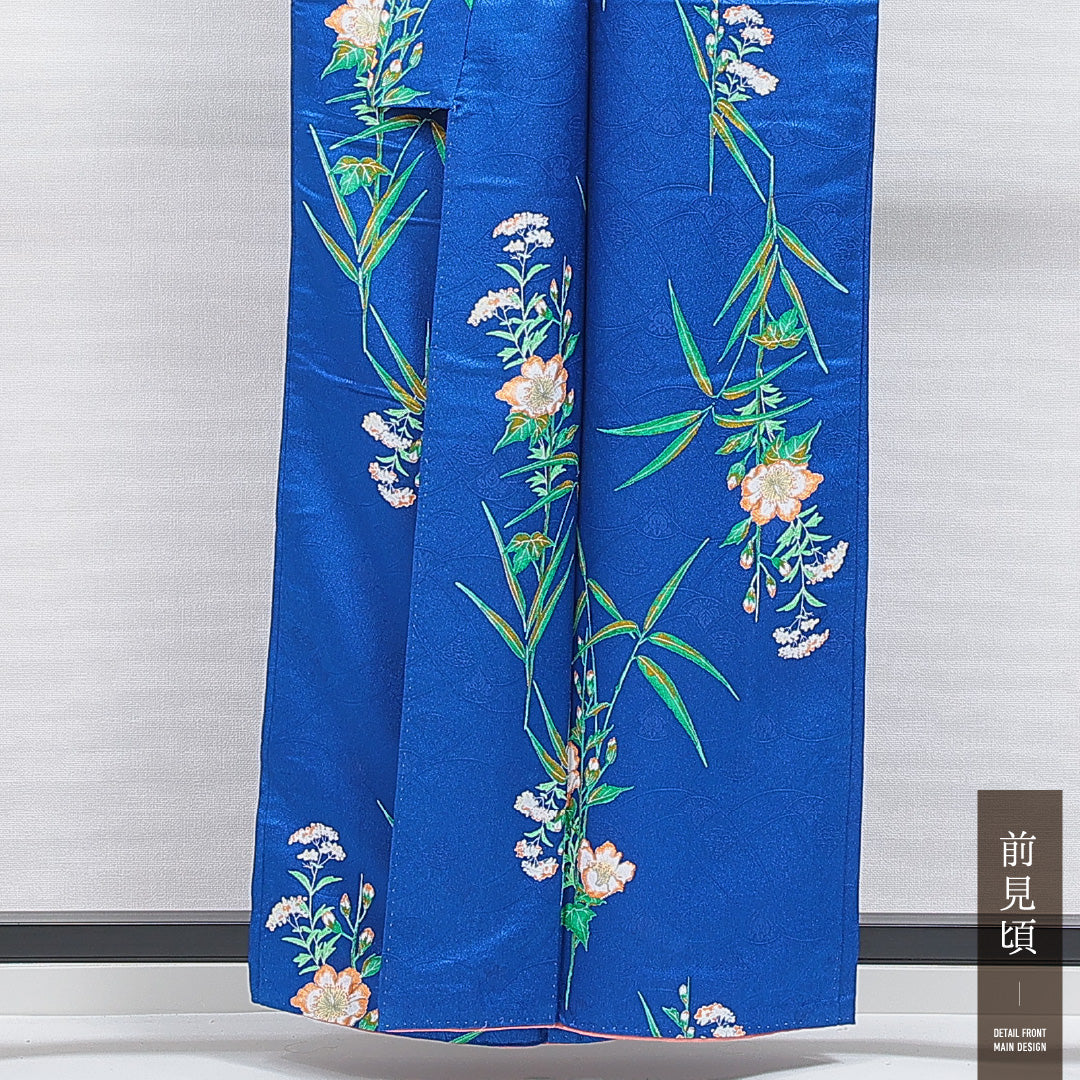 洗える着物 小紋 袷 身丈158cm 裄丈64cm ポリエステル Sランク インフォーマル バチ衿 Mサイズ 牡丹 青系 RP 1221-16434