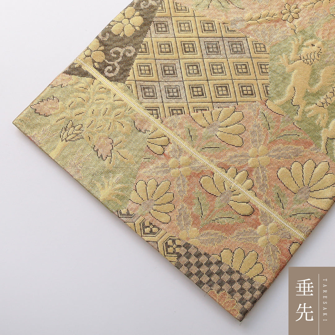 袋帯 帯丈412cm フォーマル 六通 Sランク 正絹 樹下双獣文 菱 金系 1223-02073