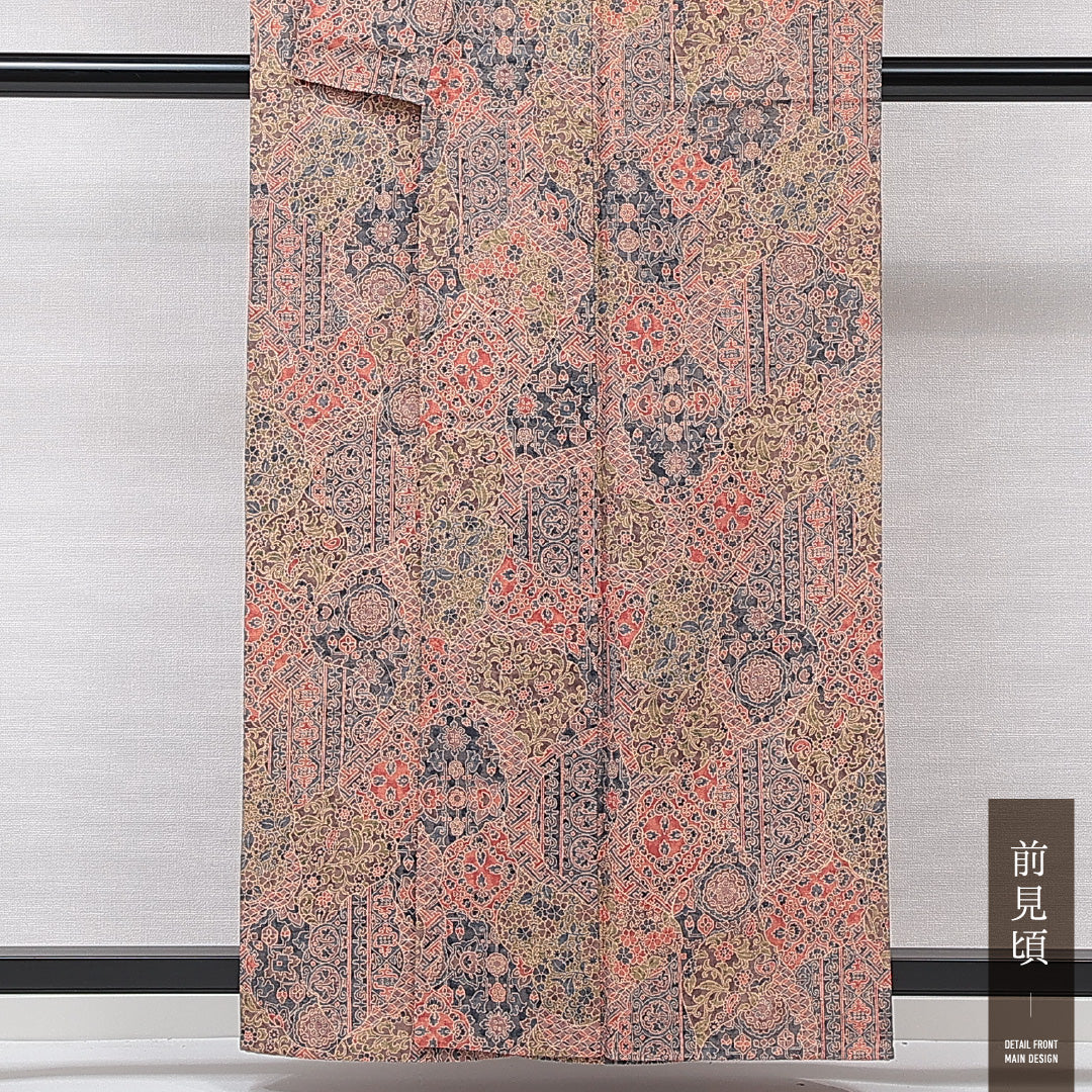 小紋 単衣 身丈159cm 裄丈66cm 正絹 Sランク インフォーマル 広衿 Mサイズ 染め紬 アラベスク文様 多色系 RP 1221-15327