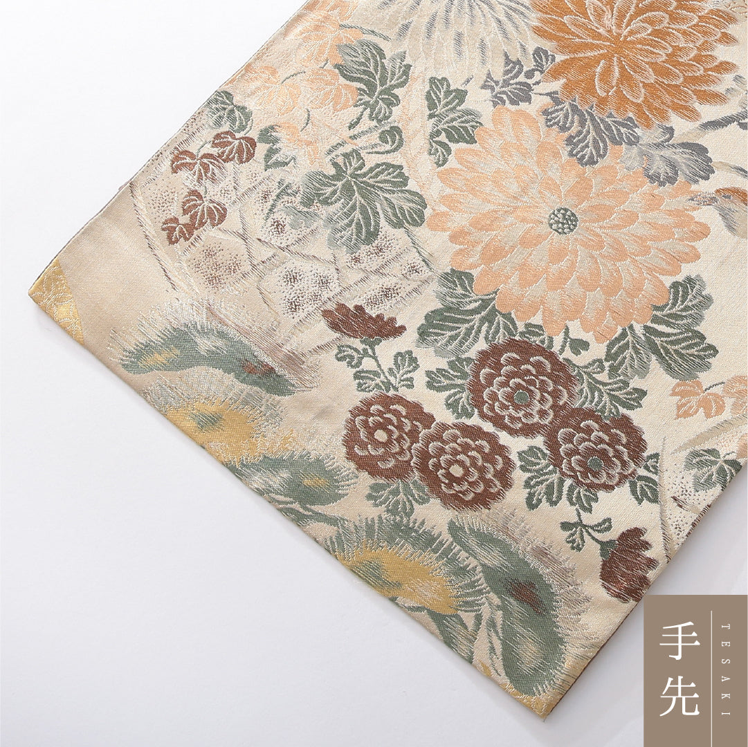 アンティーク 九寸名古屋帯 帯丈392cm 開き仕立て 全通 Aランク 正絹 鶴 菊 クリーム系 1224-03832