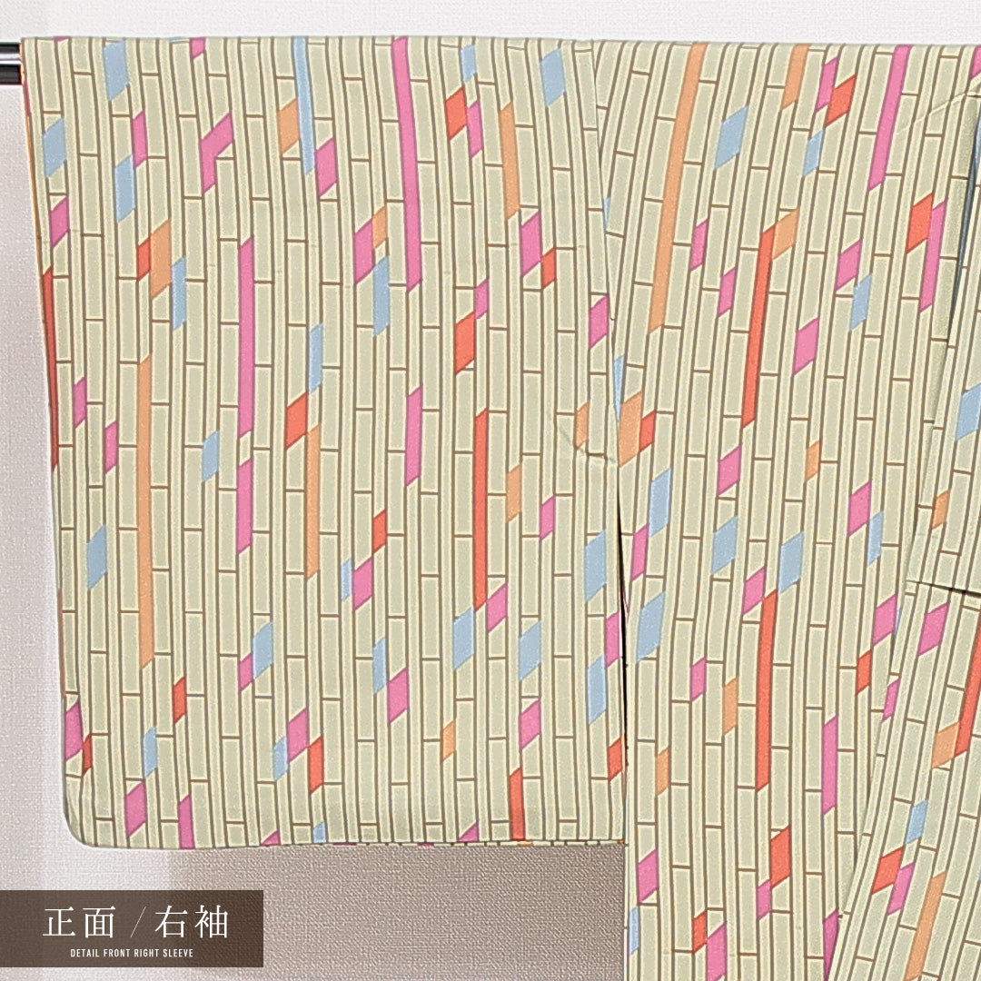 小紋 袷 身丈165cm 裄丈64cm 正絹 Sランク インフォーマル 広衿 XLサイズ 創作柄 緑系 RP 1221-15064