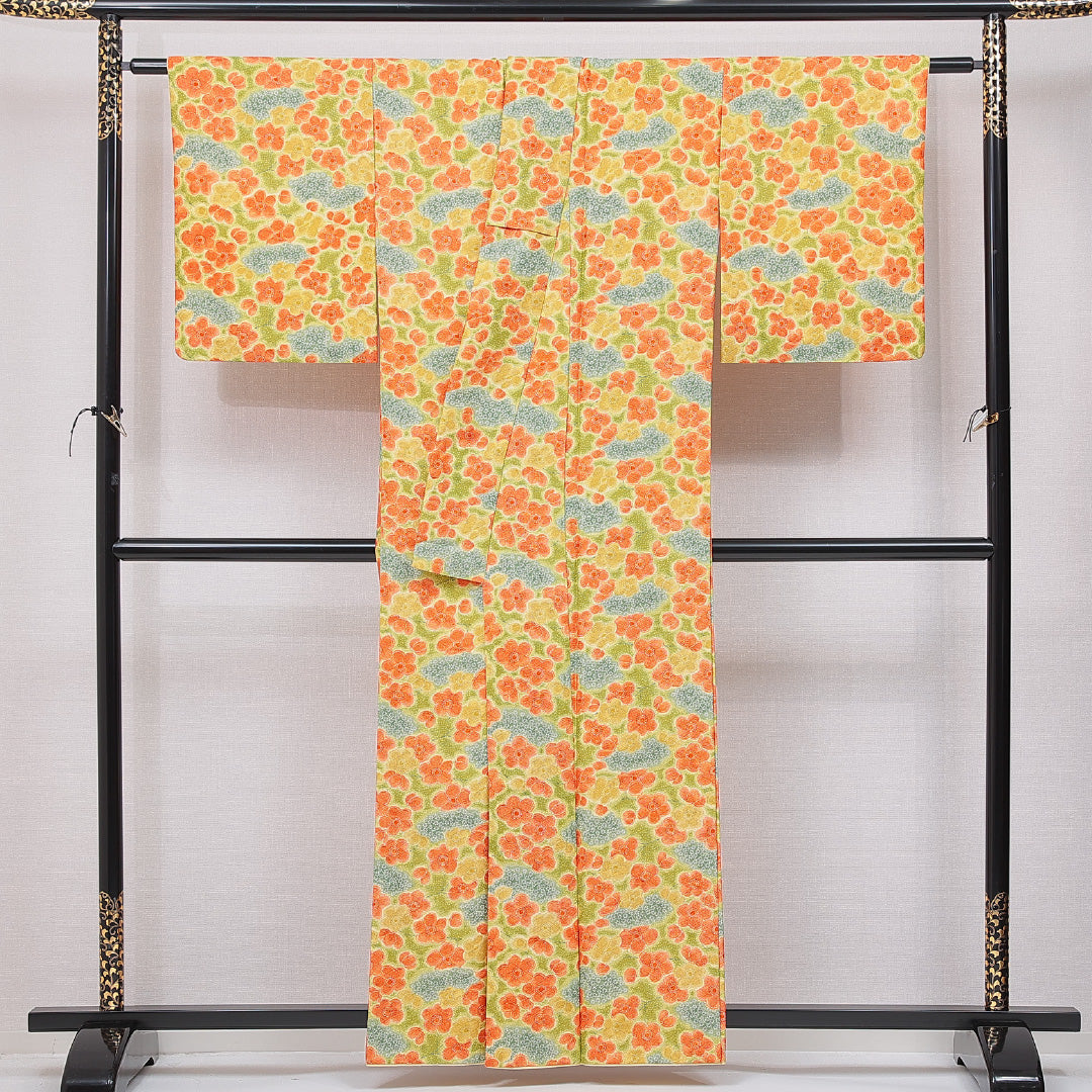 小紋 袷 身丈159cm 裄丈63cm 正絹 Sランク インフォーマル 広衿 Mサイズ 梅 多色系 RP 1221-15098