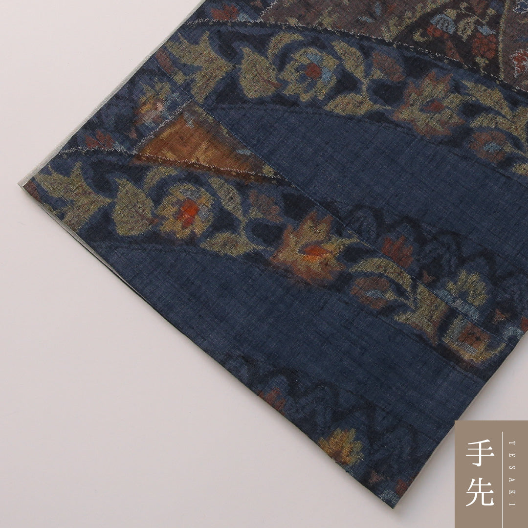 袋帯 帯丈440cm セミフォーマル 全通 帯芯なし Aランク 正絹 創作柄 ガード加工 紺系 多色系 1223-01905